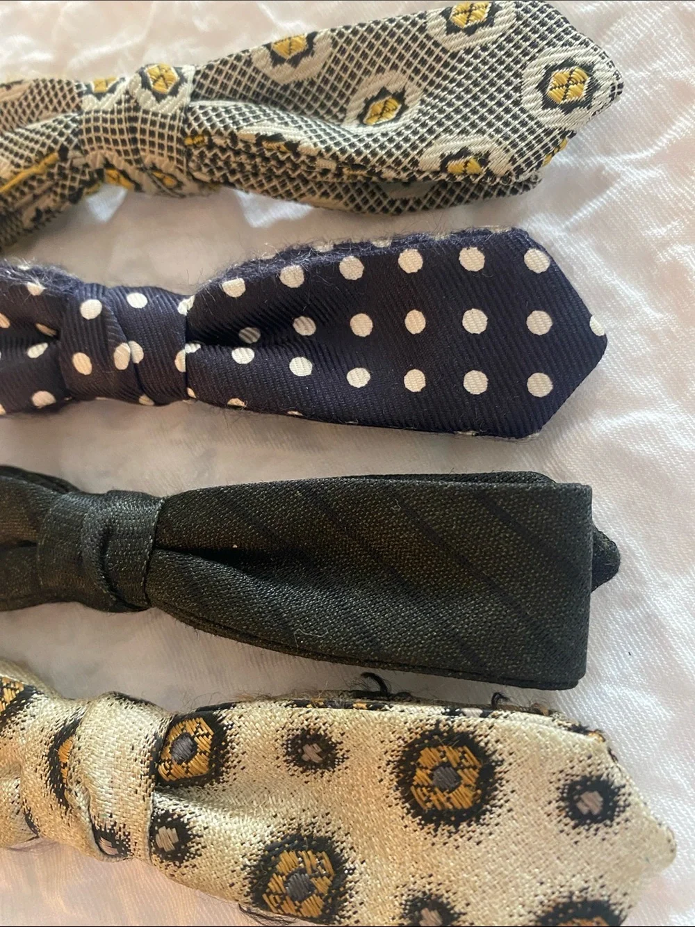 Vintage Men's Bow Ties Set - Navy Polka Dot, Black, Patterned Gold/Beige Retro
